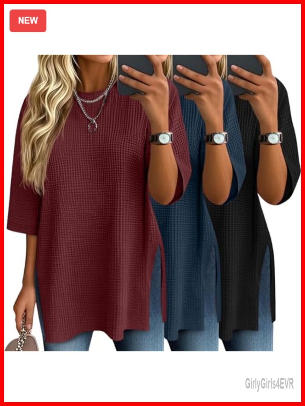 3 Pack Women's Waffle Knit Tops 3/4 Sleeve Loose Fit Crew Neck